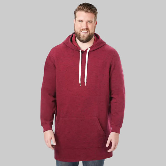Burgundy marl fleece pullover hoodie with relaxed fit, kangaroo pocket, ribbed cuffs, and extra length shown on a plain background.