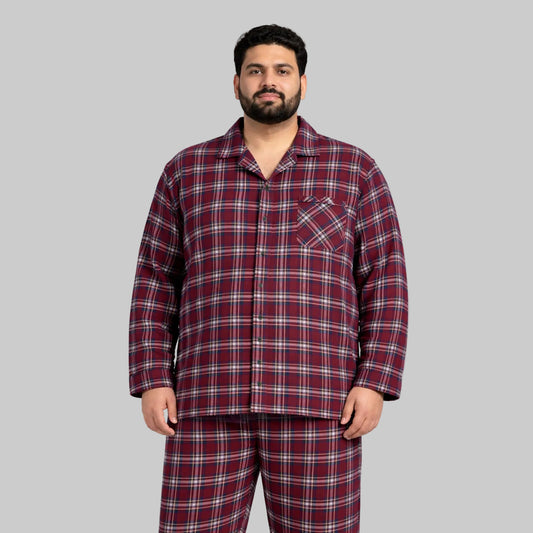 Burgundy plaid flannel night shirt with button front and long sleeves
