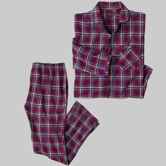 Burgundy Plaid Flannel Pajama Set – 100% cotton button-down sleepwear with elastic waist pants, navy and burgundy checks, flat-lay on white background.