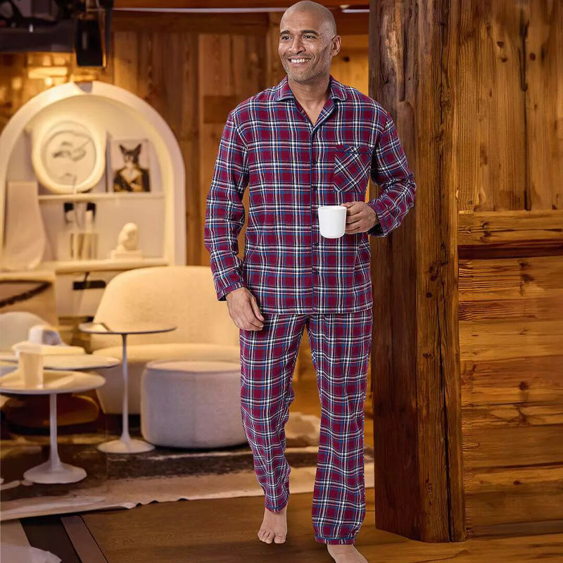 Burgundy Plaid Flannel Pajama Set – 100% cotton button-down sleepwear with elastic waist pants, navy and burgundy checks, flat-lay on white background.