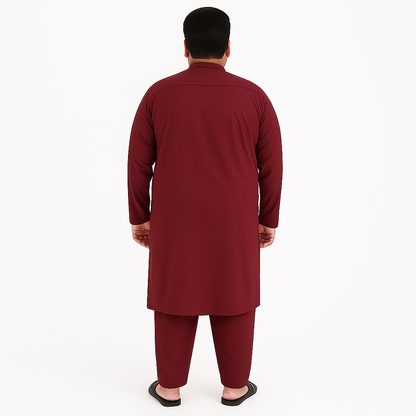 Plus-size man wearing burgundy premium wash & wear kurta pajama – PlusSize.pk