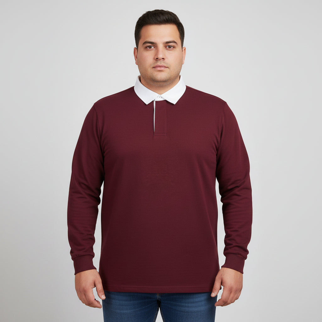 Burgundy rugby style long sleeve polo shirt with white contrast collar and covered placket in front view
