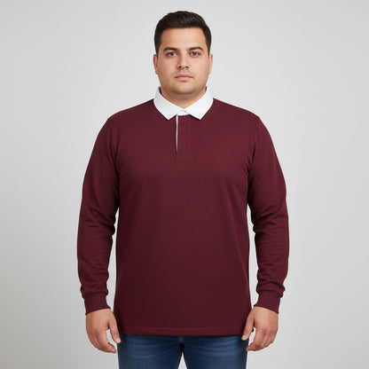 Burgundy rugby style long sleeve polo shirt with white contrast collar and covered placket in front view