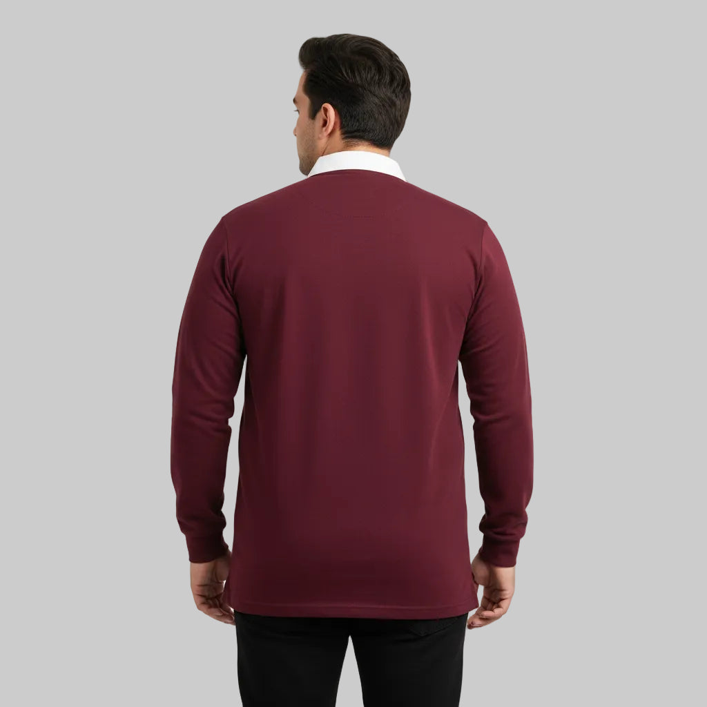 Burgundy rugby style long sleeve polo shirt with white contrast collar and covered placket in front view