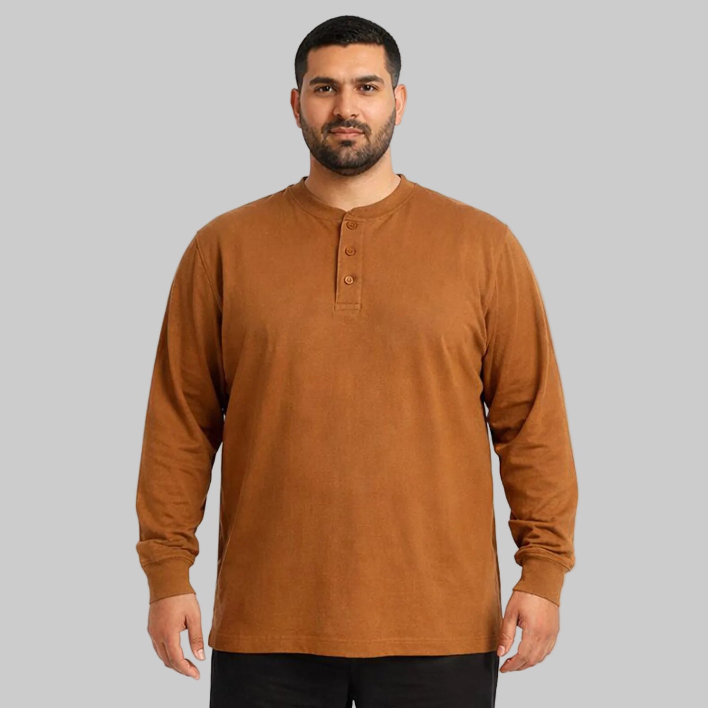 Camel brown cotton blend classic Henley shirt featuring a three-button placket, long sleeves, relaxed fit, and soft breathable fabric for everyday wear.