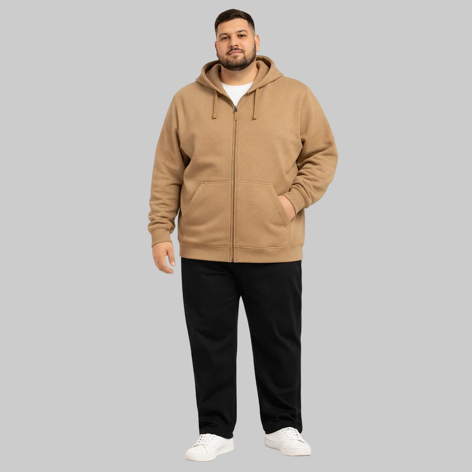 Camel classic full-zip fleece hoodie worn by plus-size male model, front view