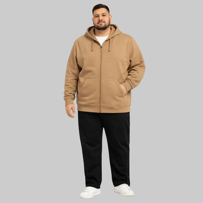 Camel classic full-zip fleece hoodie worn by plus-size male model, front view