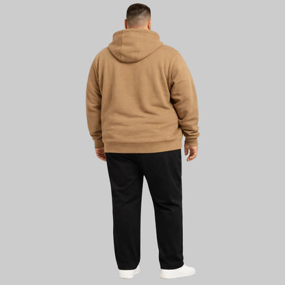 Camel classic full-zip fleece hoodie worn by plus-size male model, front view