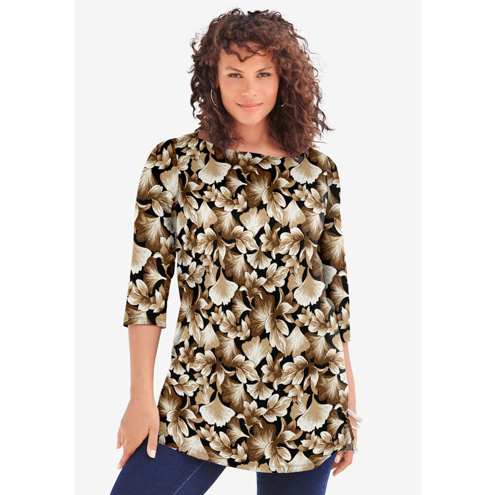 Camel Ginko Leaves Boatneck Ultimate Tunic with Side Slits PSW-8133