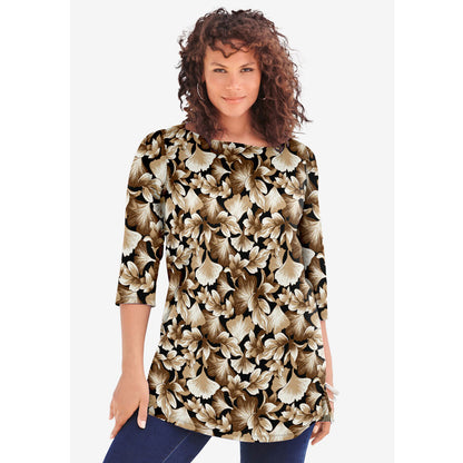 Camel Ginko Leaves Boatneck Ultimate Tunic with Side Slits PSW-8133