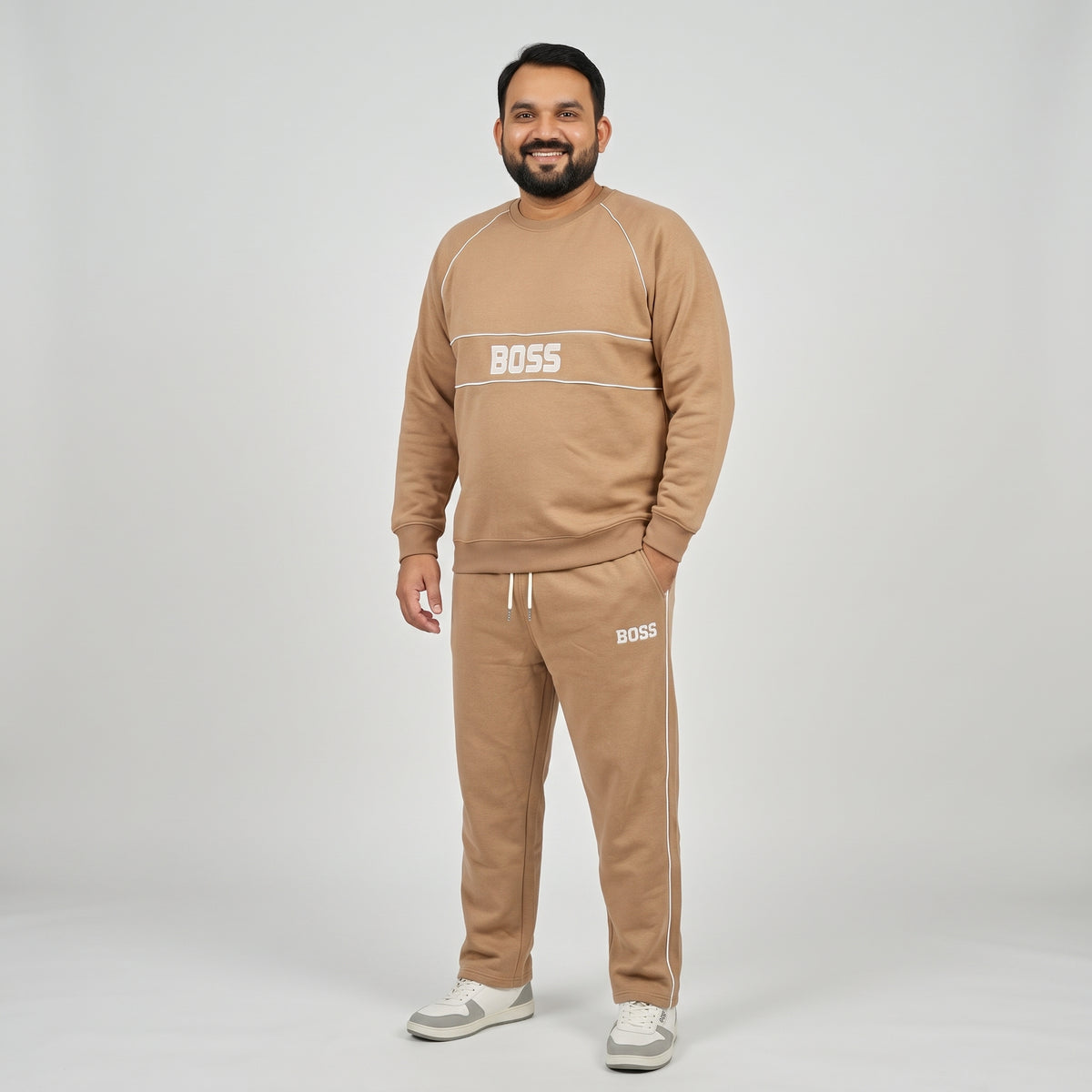 Camel Brown Embroidered Fleece Co-ord Set featuring a stylish embroidered top and matching trousers made from soft fleece fabric