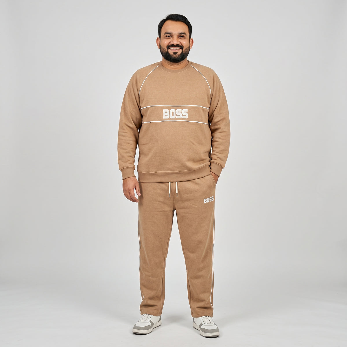 Camel Brown Embroidered Fleece Co-ord Set featuring a stylish embroidered top and matching trousers made from soft fleece fabric 