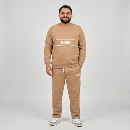 Camel Brown Embroidered Fleece Co-ord Set featuring a stylish embroidered top and matching trousers made from soft fleece fabric 