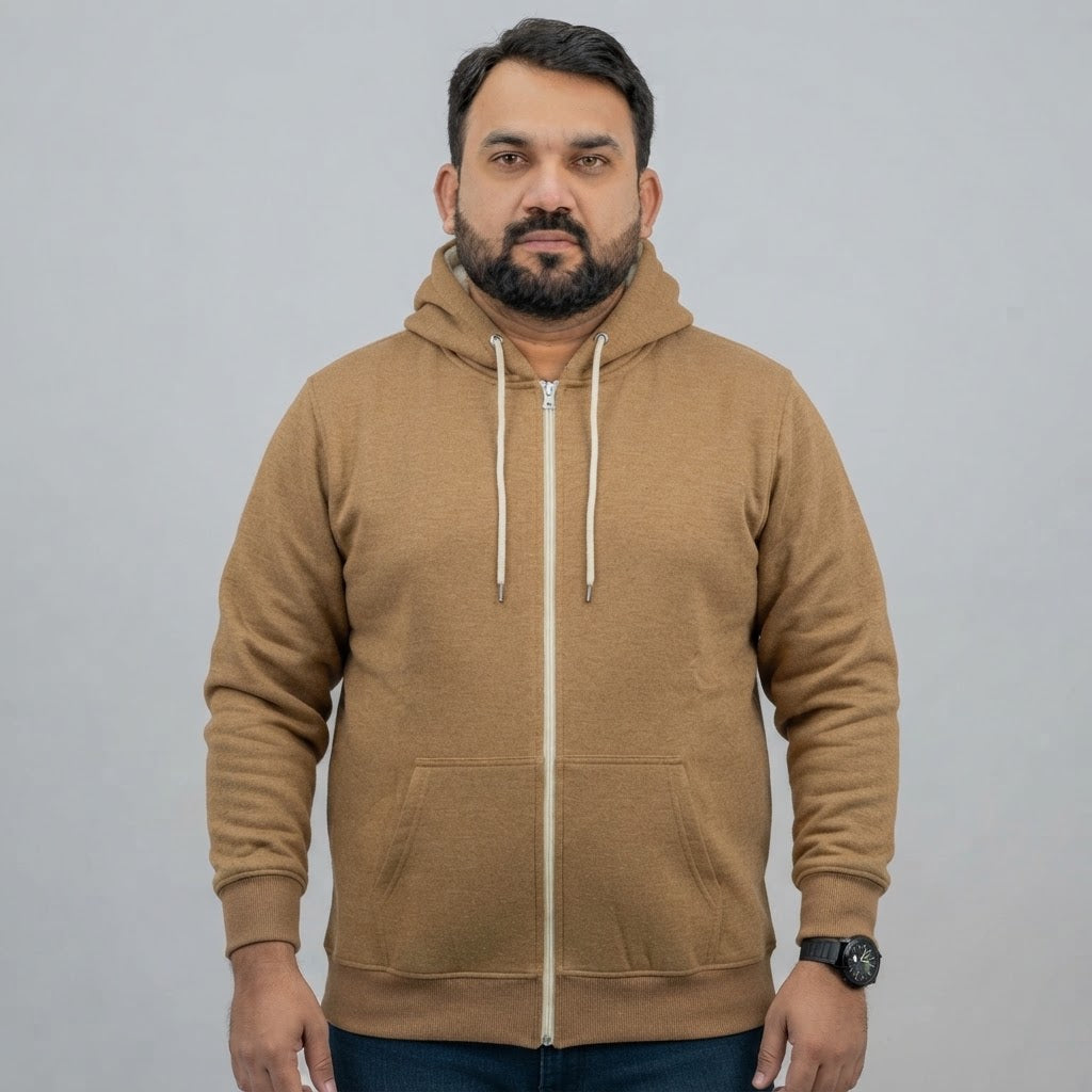 Camel brown fleece zip-up hoodie for men with a full front zipper and attached hood. 