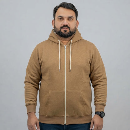 Camel brown fleece zip-up hoodie for men with a full front zipper and attached hood. 