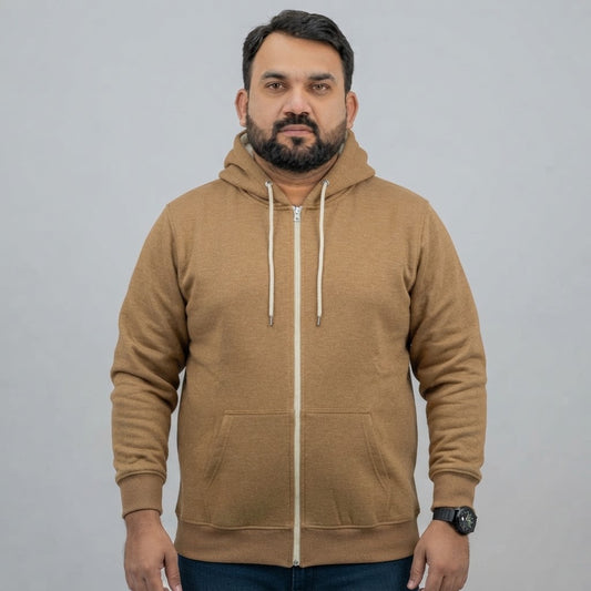 Camel brown fleece zip-up hoodie for men with a full front zipper and attached hood. 