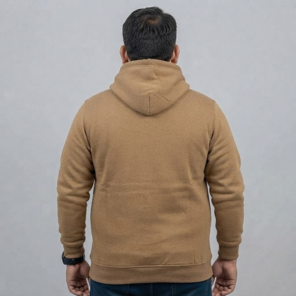 Camel brown fleece zip-up hoodie for men with a full front zipper and attached hood.