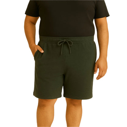 Carbon Green plus size terry shorts with side-zip pockets and elastic waist