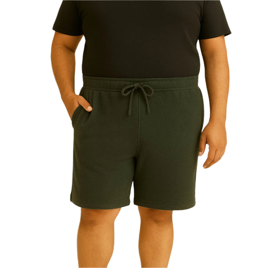 Carbon Green plus size terry shorts with side-zip pockets and elastic waist