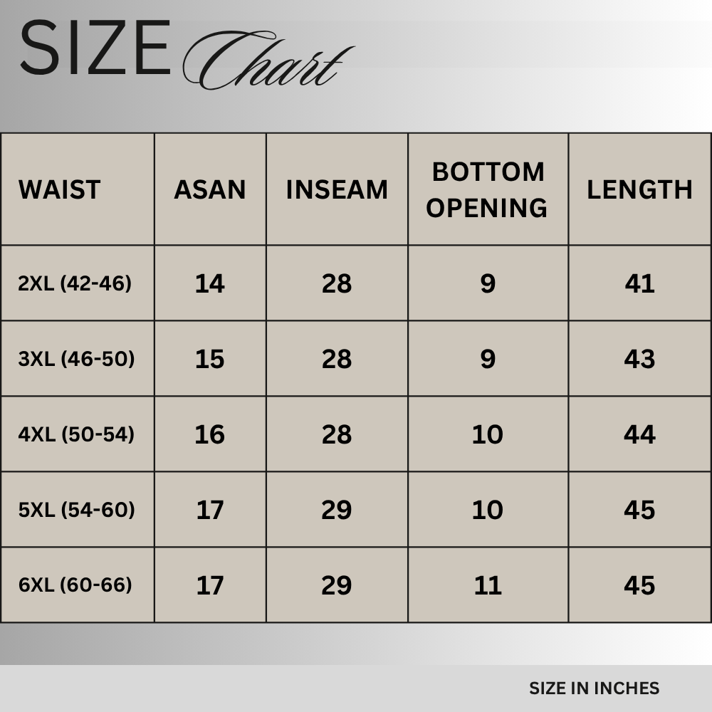 Size chart for Olive Green Cotton Plus Size Cargo Trouser PSM-11555