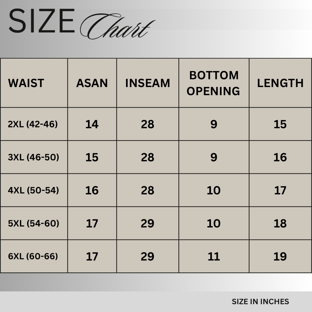 Size chart for Black Cotton Plus Size Cargo Trouser PSM-11552