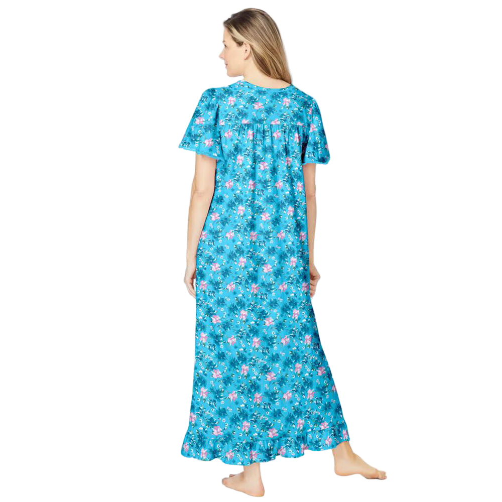 Women’s plus size long cotton gown in Caribbean blue floral print with flutter sleeves, ruffled hem, and front pintuck detail.