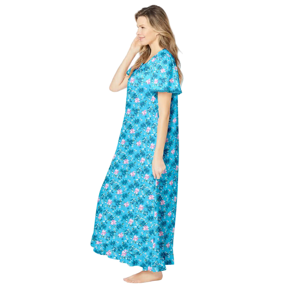 Women’s plus size long cotton gown in Caribbean blue floral print with flutter sleeves, ruffled hem, and front pintuck detail.