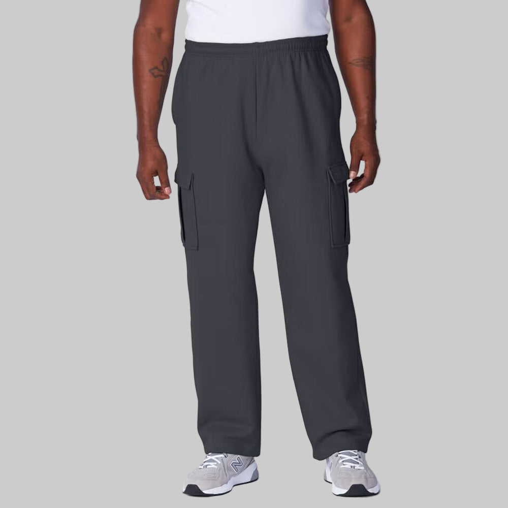 Carbon fleece big size cargo trouser with elastic waistband and secure cargo pockets displayed on a clean studio background.