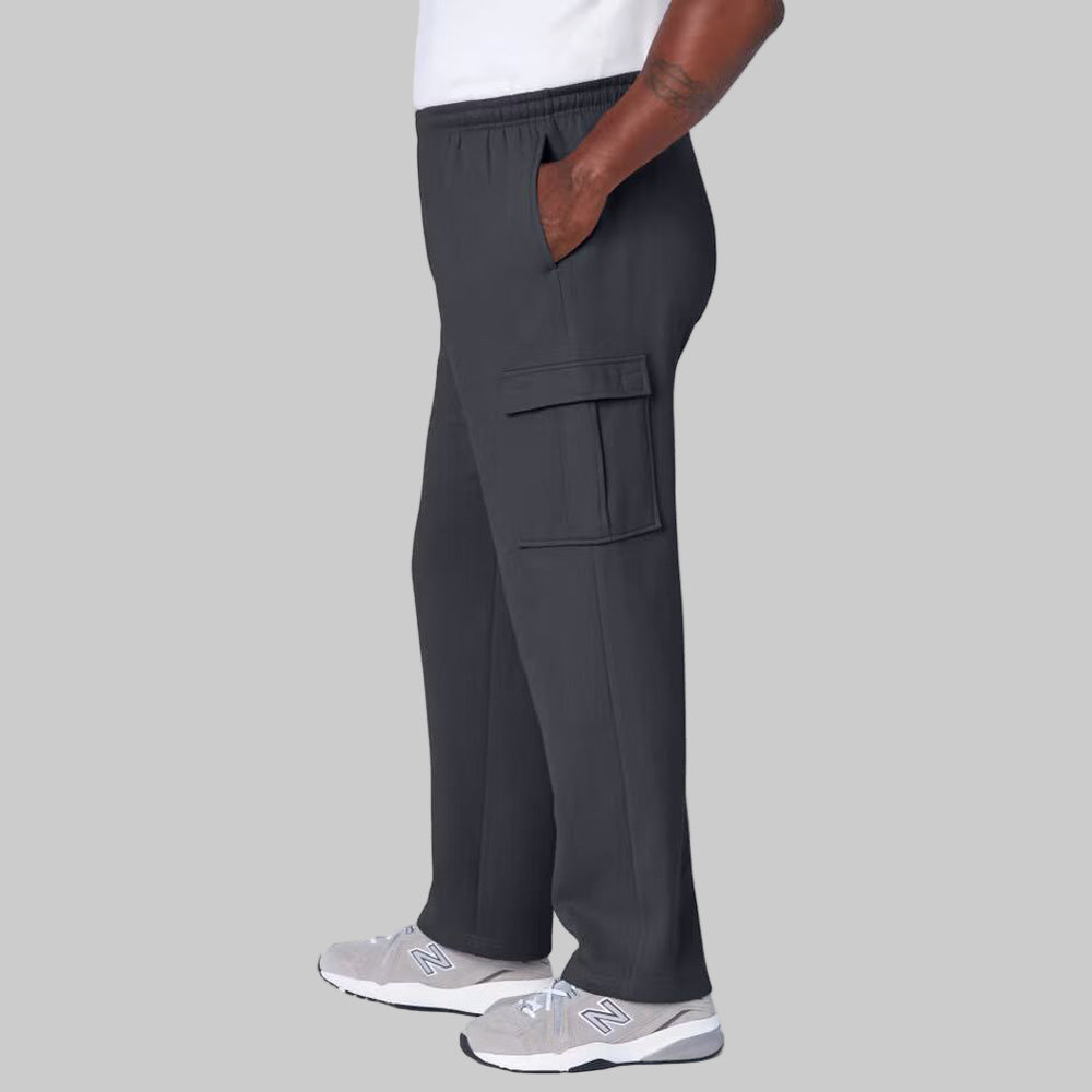 Carbon fleece big size cargo trouser with elastic waistband and secure cargo pockets displayed on a clean studio background.