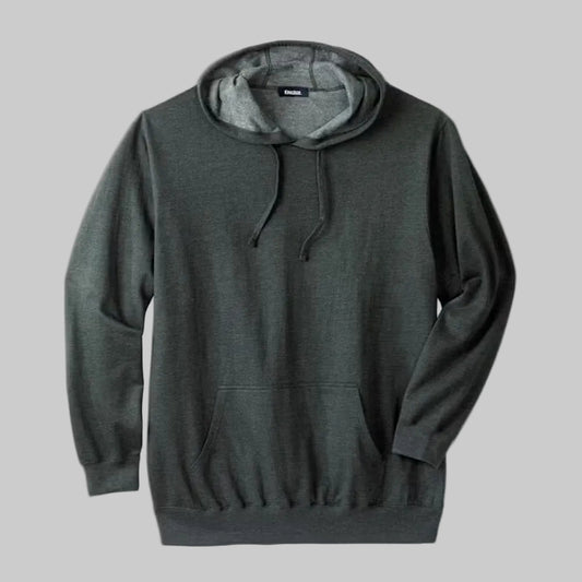 Charcoal fleece pullover hoodie with front pouch pocket, ribbed cuffs, drawstring hood, and relaxed big and tall fit on a plain background.