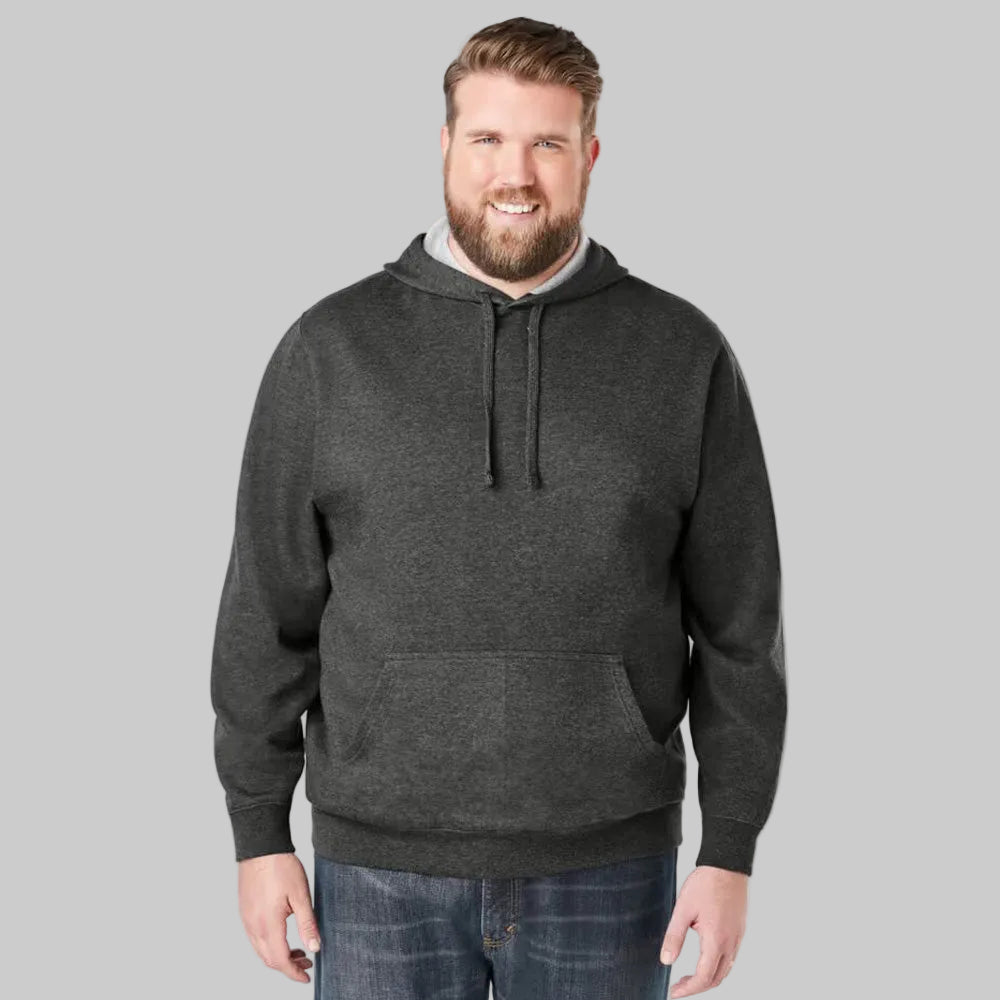 Charcoal fleece pullover hoodie with front pouch pocket, ribbed cuffs, drawstring hood, and relaxed big and tall fit on a plain background.
