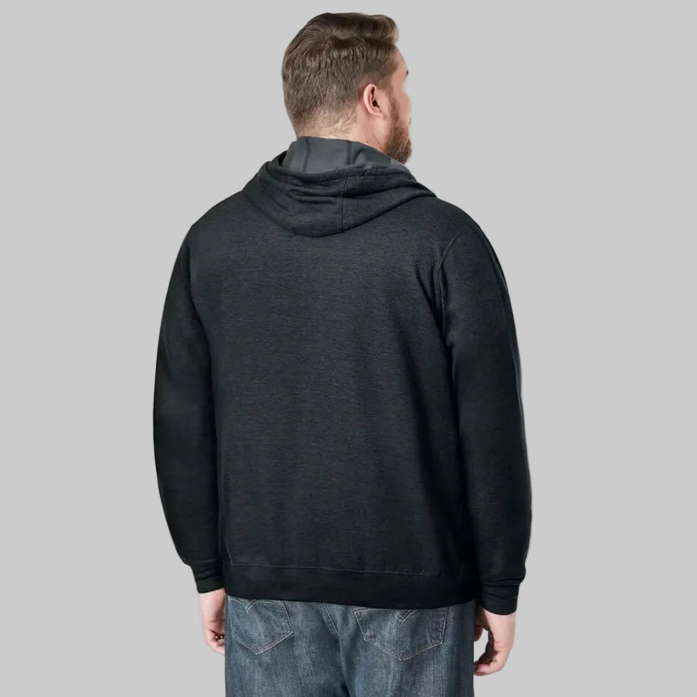Charcoal fleece pullover hoodie with front pouch pocket, ribbed cuffs, drawstring hood, and relaxed big and tall fit on a plain background.