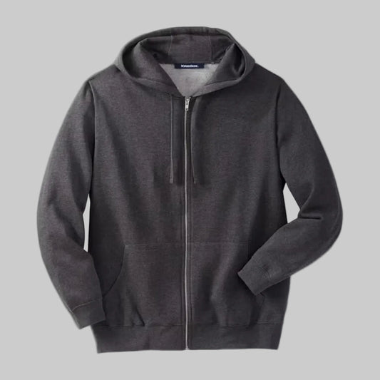 Charcoal fleece zip-front hoodie for men with a relaxed big and tall fit, drawstring hood, front pockets, and soft warm fabric for daily wear.