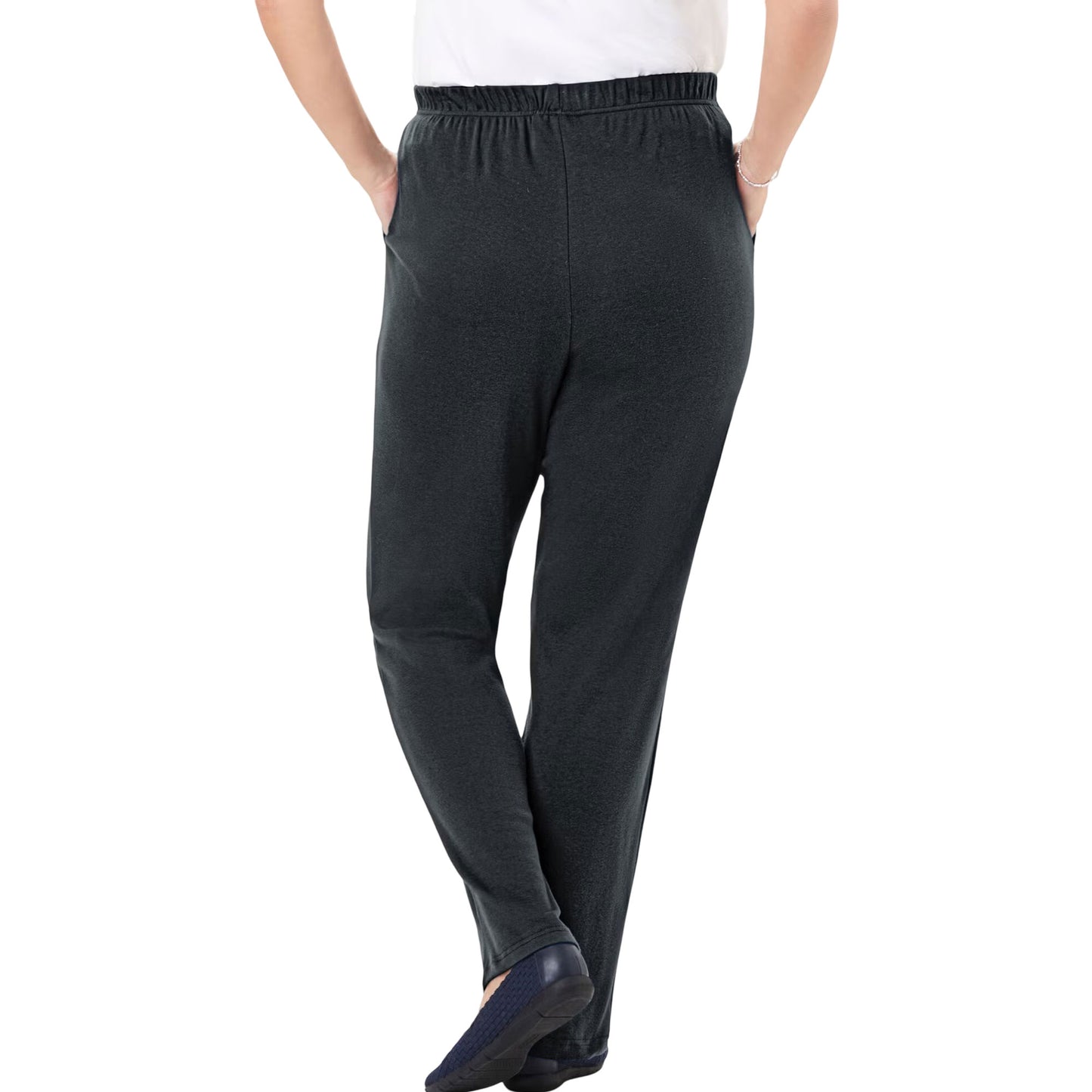 Charcoal gray straight leg knit pants on neutral background