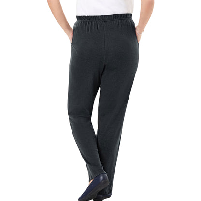 Charcoal gray straight leg knit pants on neutral background
