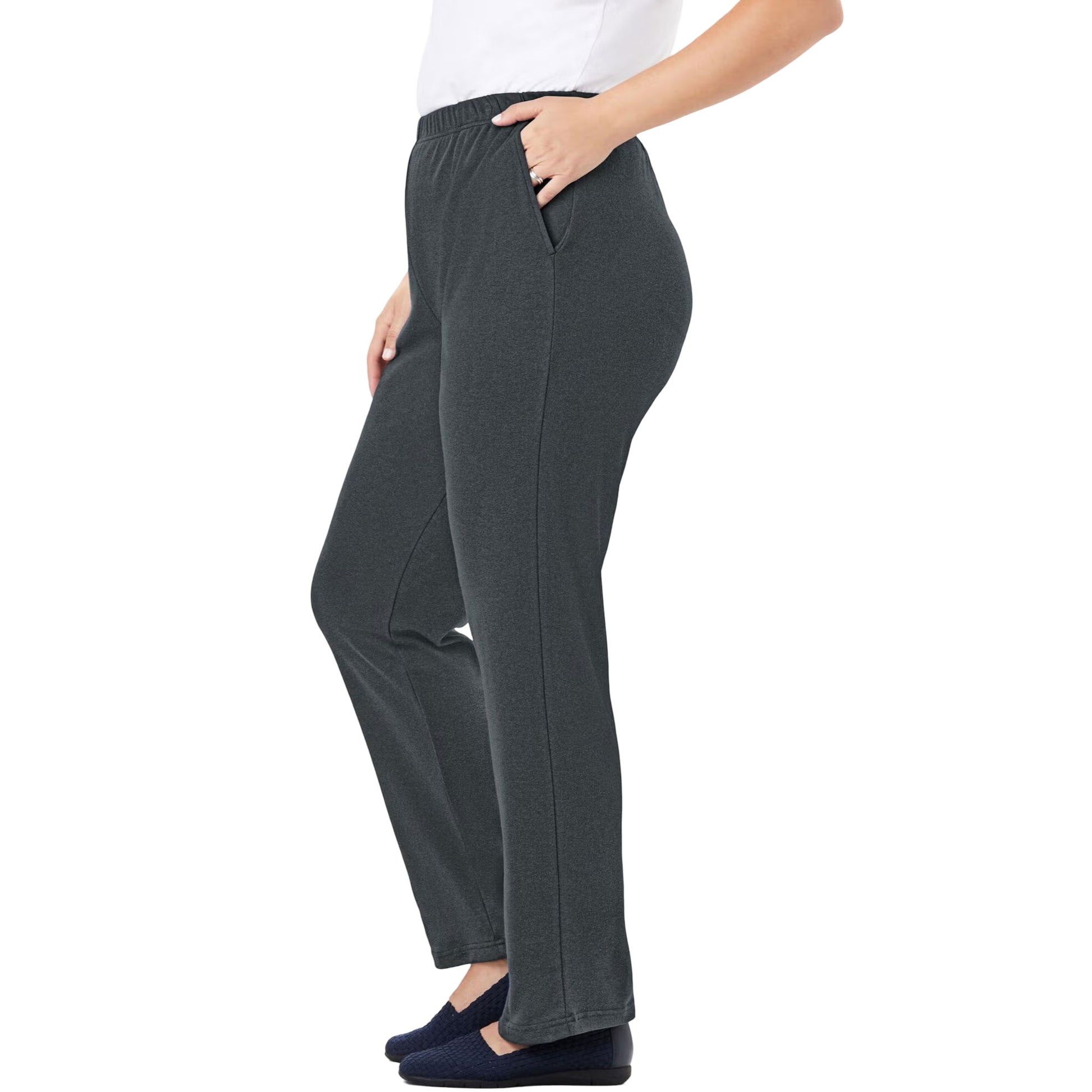 Charcoal gray straight leg knit pants on neutral background