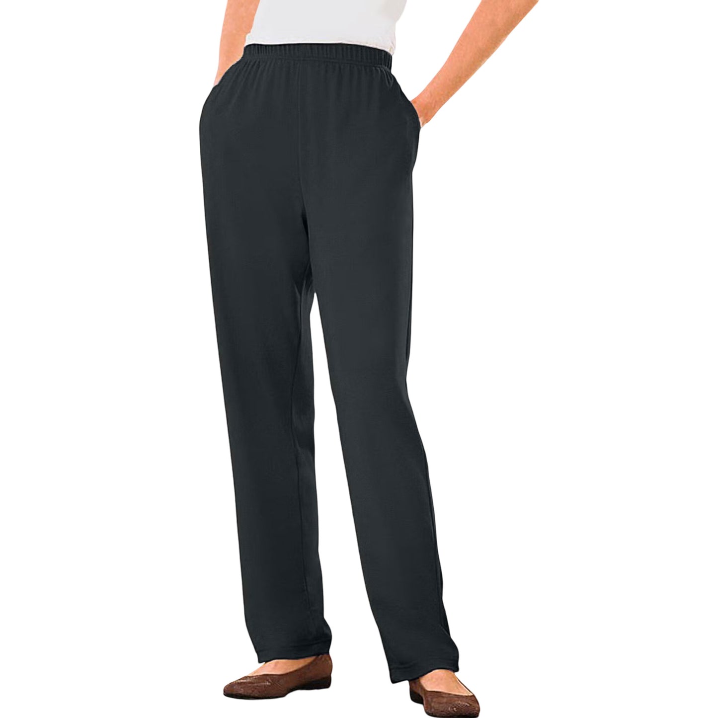Charcoal gray straight leg knit pants on neutral background