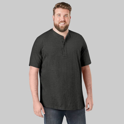 Plus-size Pakistani male model wearing charcoal short-sleeve Henley shirt on a clean studio background, relaxed fit.