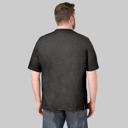 Plus-size Pakistani male model wearing charcoal short-sleeve Henley shirt on a clean studio background, relaxed fit.