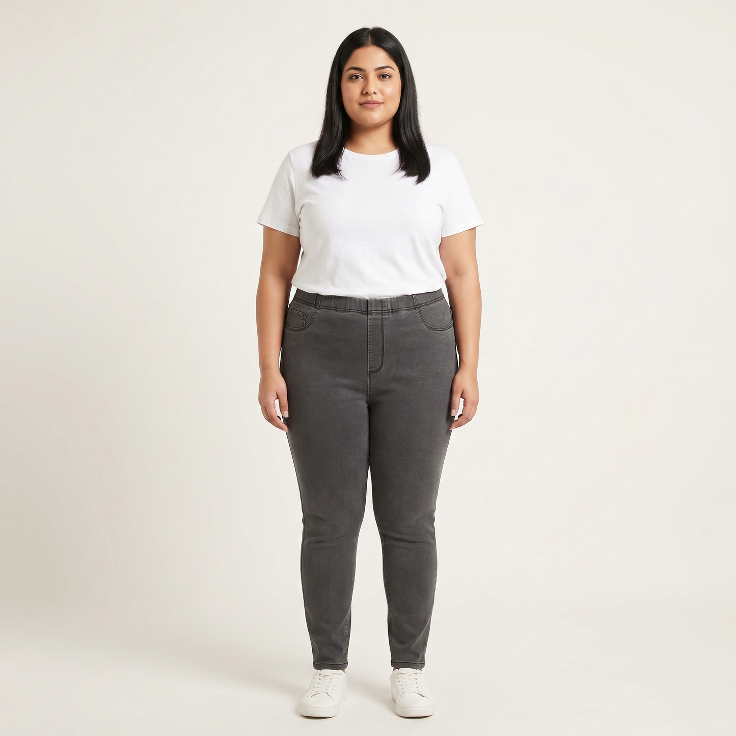 Charcoal Elastic Waist Slim Straight Denim Pants PSW-11080