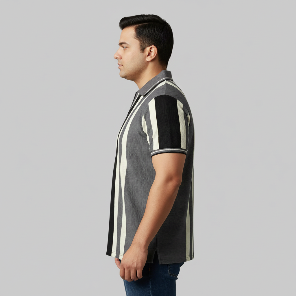 Charcoal Grey & Black Vertical Stripe Polo T-Shirt PSM-10663