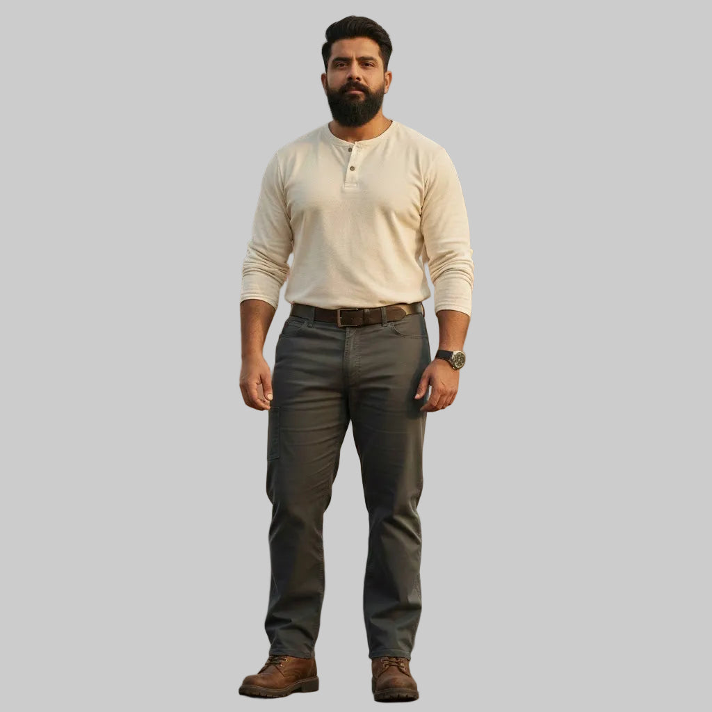 Charcoal grey plus size straight fit cargo pants with utility pocket front view on white background