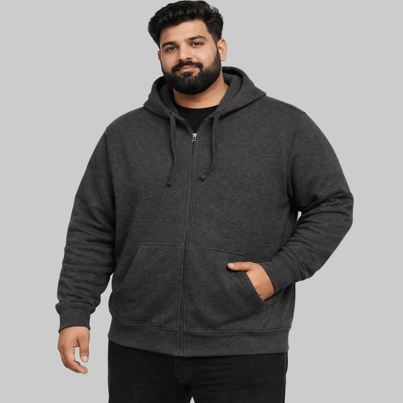 Men’s charcoal heather full-zip hoodie in plus size with hood and kangaroo pockets