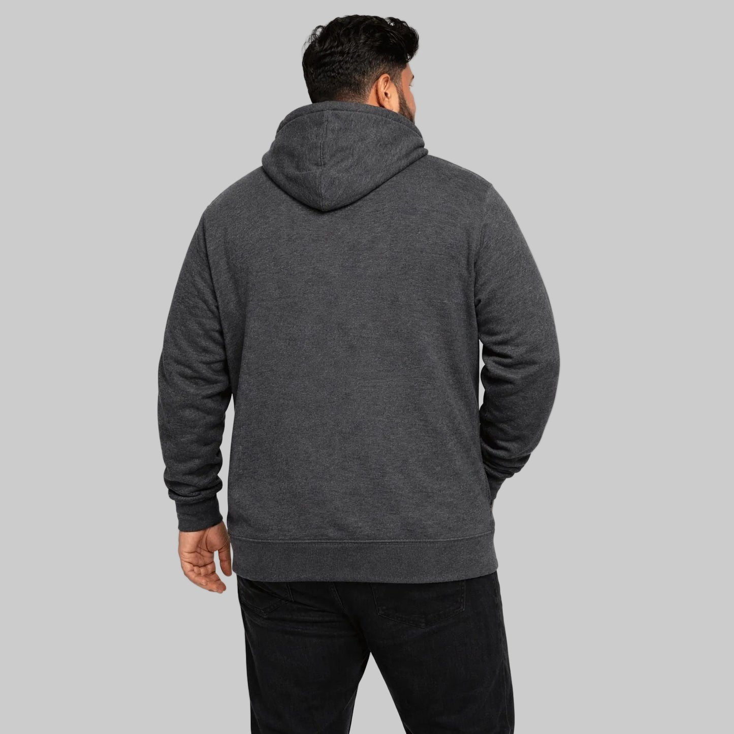 Men’s charcoal heather full-zip hoodie in plus size with hood and kangaroo pockets