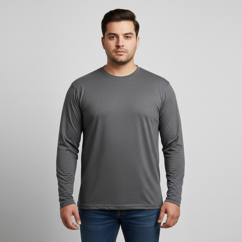 Charcoal jersey long sleeve t-shirt for men, soft cotton fabric, relaxed fit, crew neck, full sleeves, solid dark grey color, everyday casual wear top