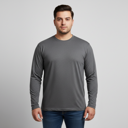 Charcoal jersey long sleeve t-shirt for men, soft cotton fabric, relaxed fit, crew neck, full sleeves, solid dark grey color, everyday casual wear top