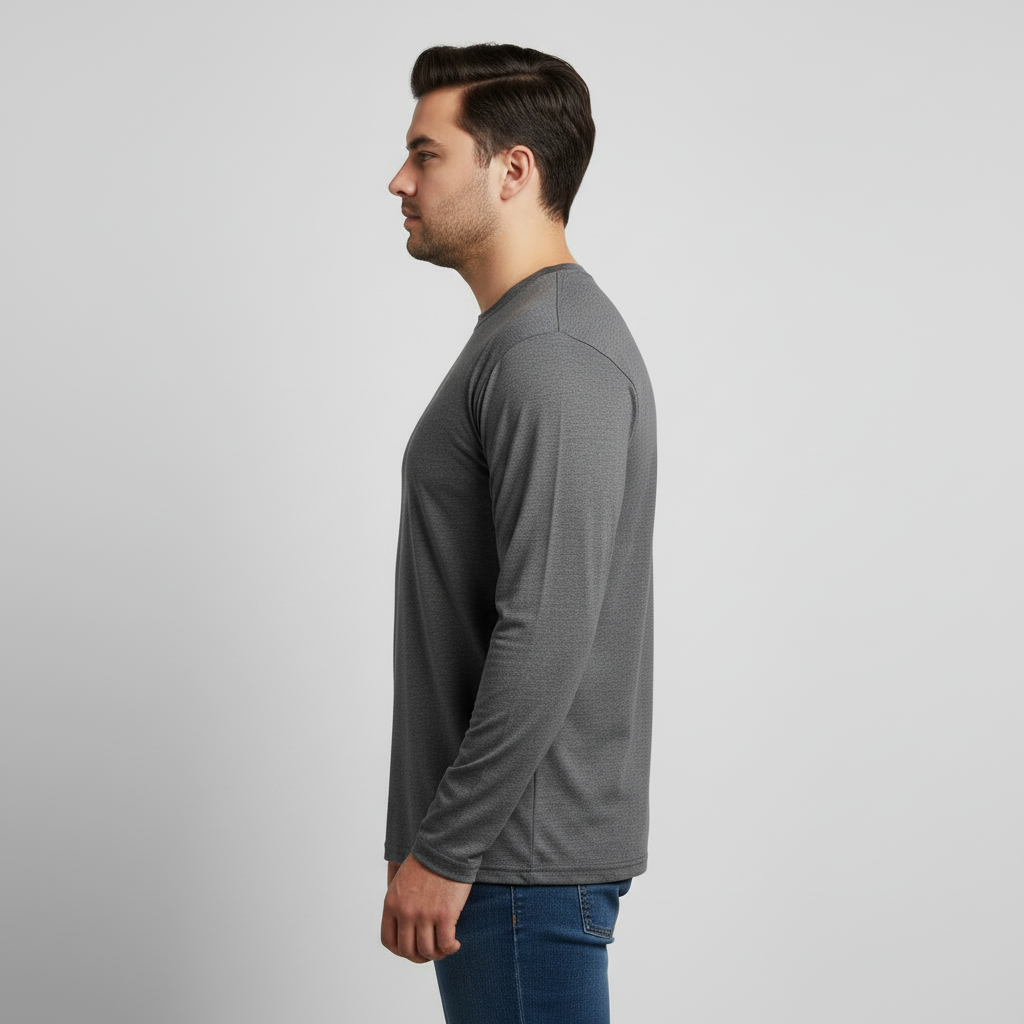 Charcoal jersey long sleeve t-shirt for men, soft cotton fabric, relaxed fit, crew neck, full sleeves, solid dark grey color, everyday casual wear top