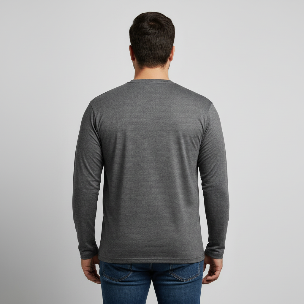 Charcoal jersey long sleeve t-shirt for men, soft cotton fabric, relaxed fit, crew neck, full sleeves, solid dark grey color, everyday casual wear top