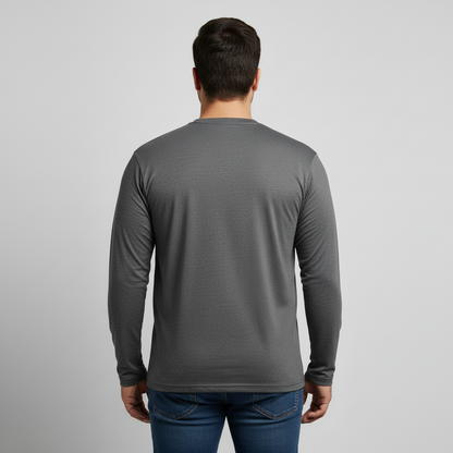 Charcoal jersey long sleeve t-shirt for men, soft cotton fabric, relaxed fit, crew neck, full sleeves, solid dark grey color, everyday casual wear top