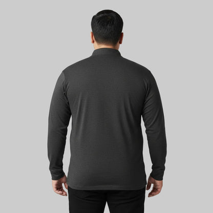 Charcoal long sleeve zip polo shirt for men with smart collar and zip placket front view laid flat.
